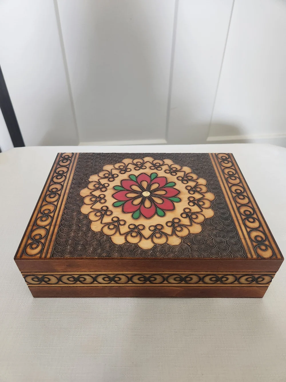 Handmade Polish Wood Inlay Nesting Boxes with Floral Mandela Motif